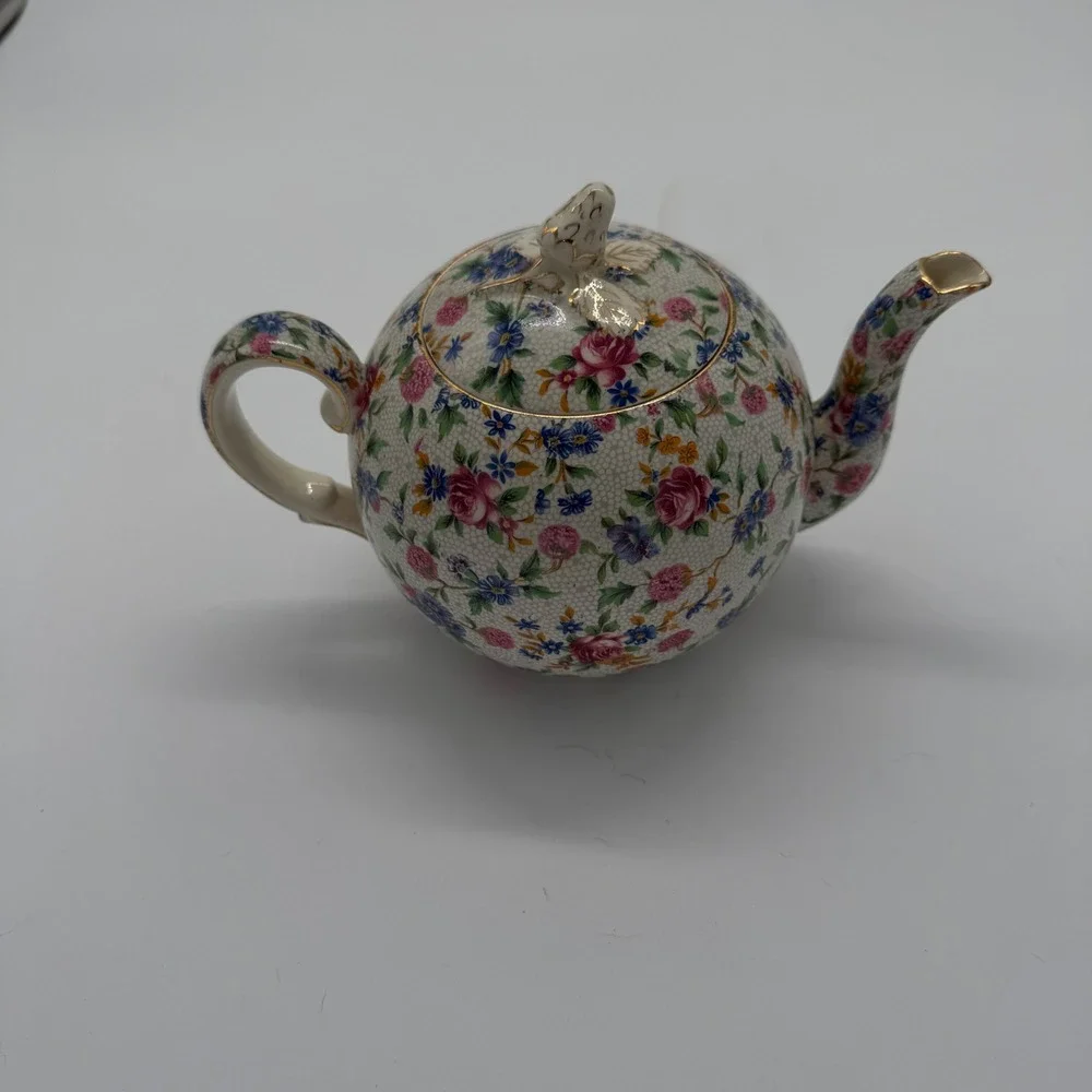 Royal Winton Grimwades Old Cottage Chintz Teapot Bird Finial Gold Trim Floral